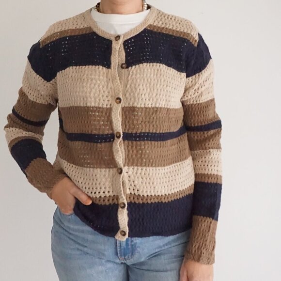 Vintage Christopher & Banks Navy Taupe Cotton Blend Button Cardigan Sweater M - Picture 1 of 9